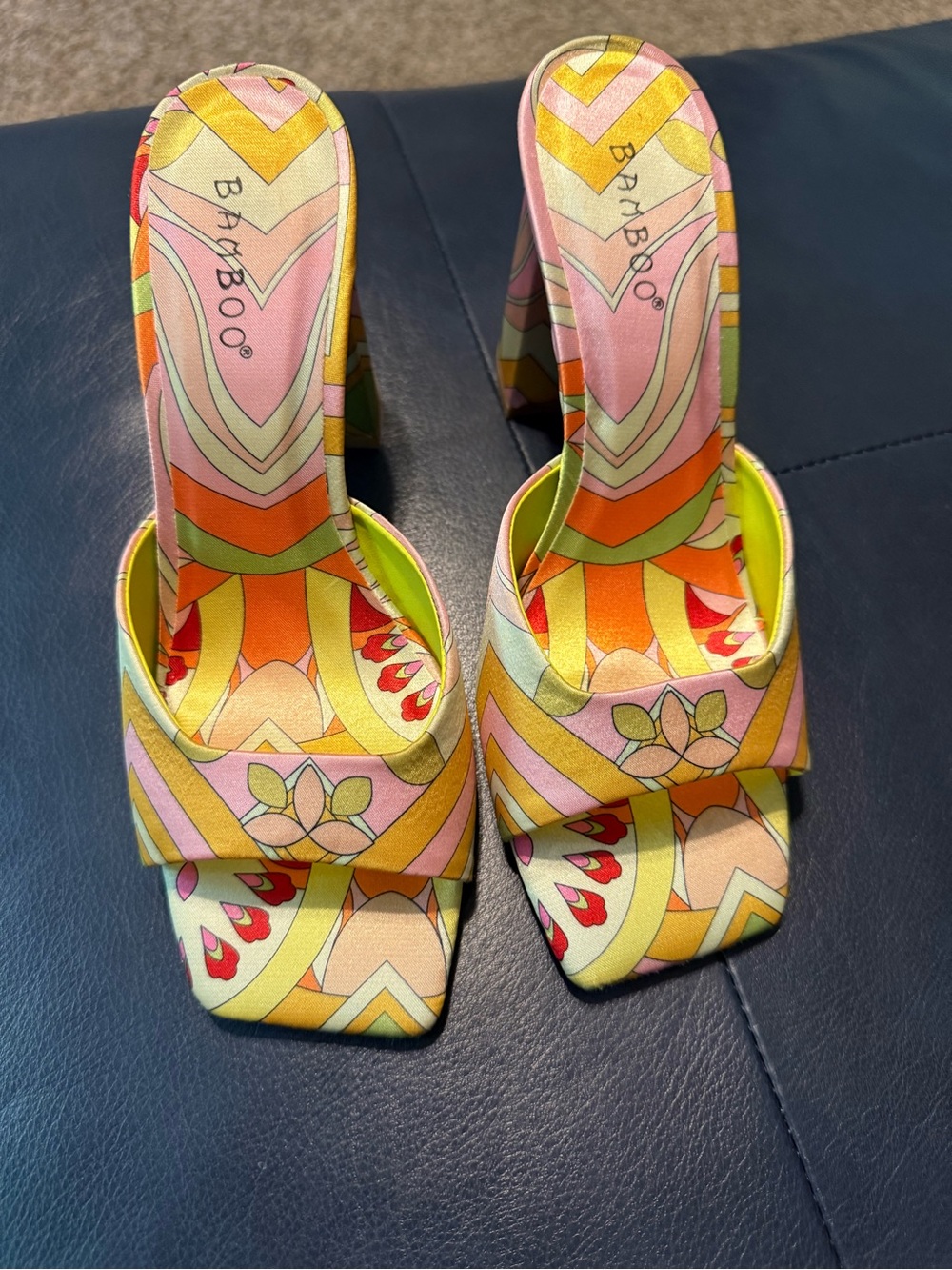 AKIRA Multicolor Patterned Slide Heels - Pink, Orange, Yellow, Green